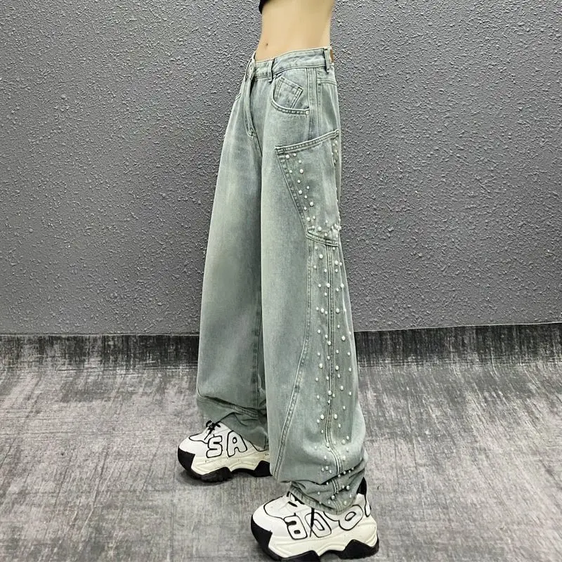 Side Pocket Design Beaded Denim Scimitar Pants Women Spring Summer New Niche High Waist Loose Slim Versatile Straight Pants