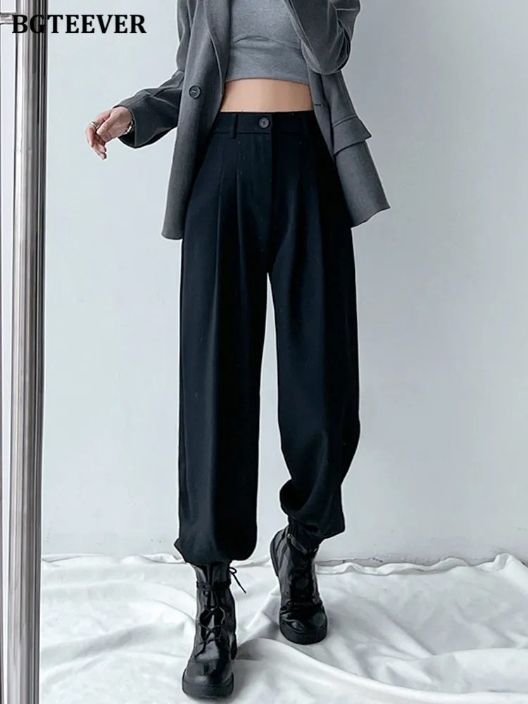 BGTEEVER الربيع الصيف فضفاضة عالية الخصر النساء تسخير السراويل جيوب عادية الكاحل طول واسعة الساق السراويل الإناث