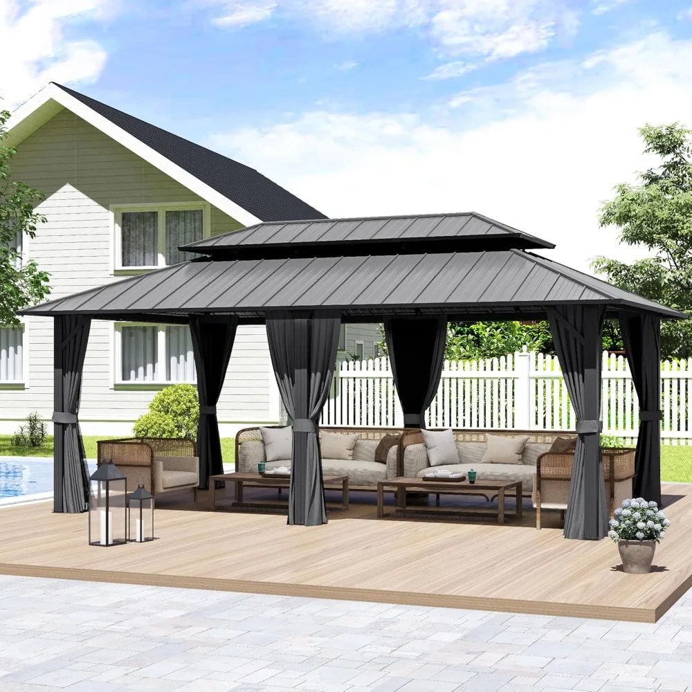 

Беседка с твердым верхом 12 x 20 футов, беседка с алюминиевой рамой и двойной крышей из оцинкованной стали, уличный постоянный павильон