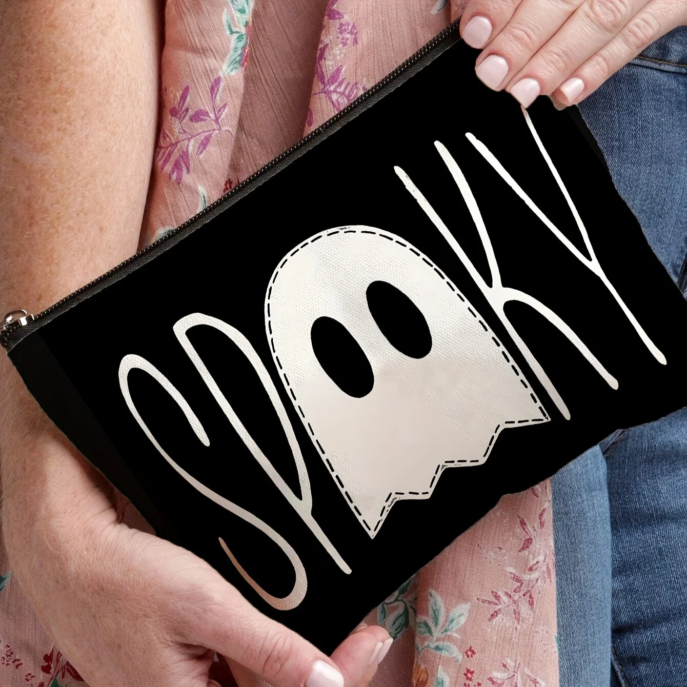 Spooky Halloween Cosmetic Bag - Large Capacity, Black and White Pattern, Portable Travel Organizer for Makeup and Small Items