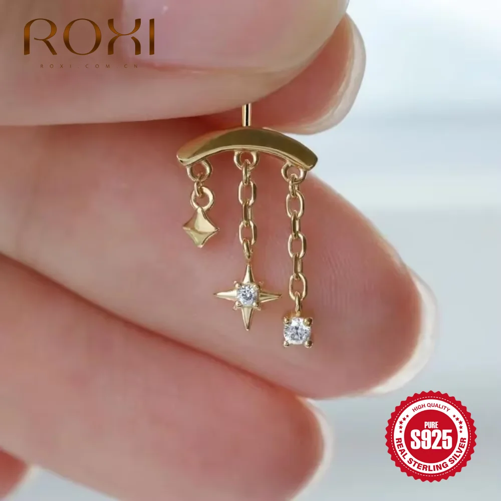 ROXI 1 pièce 925 en argent Sterling étoile lune gland chaîne Piercing boucle d'oreille pour les femmes breloques boucles d'oreilles bijoux fins cadeau de fête