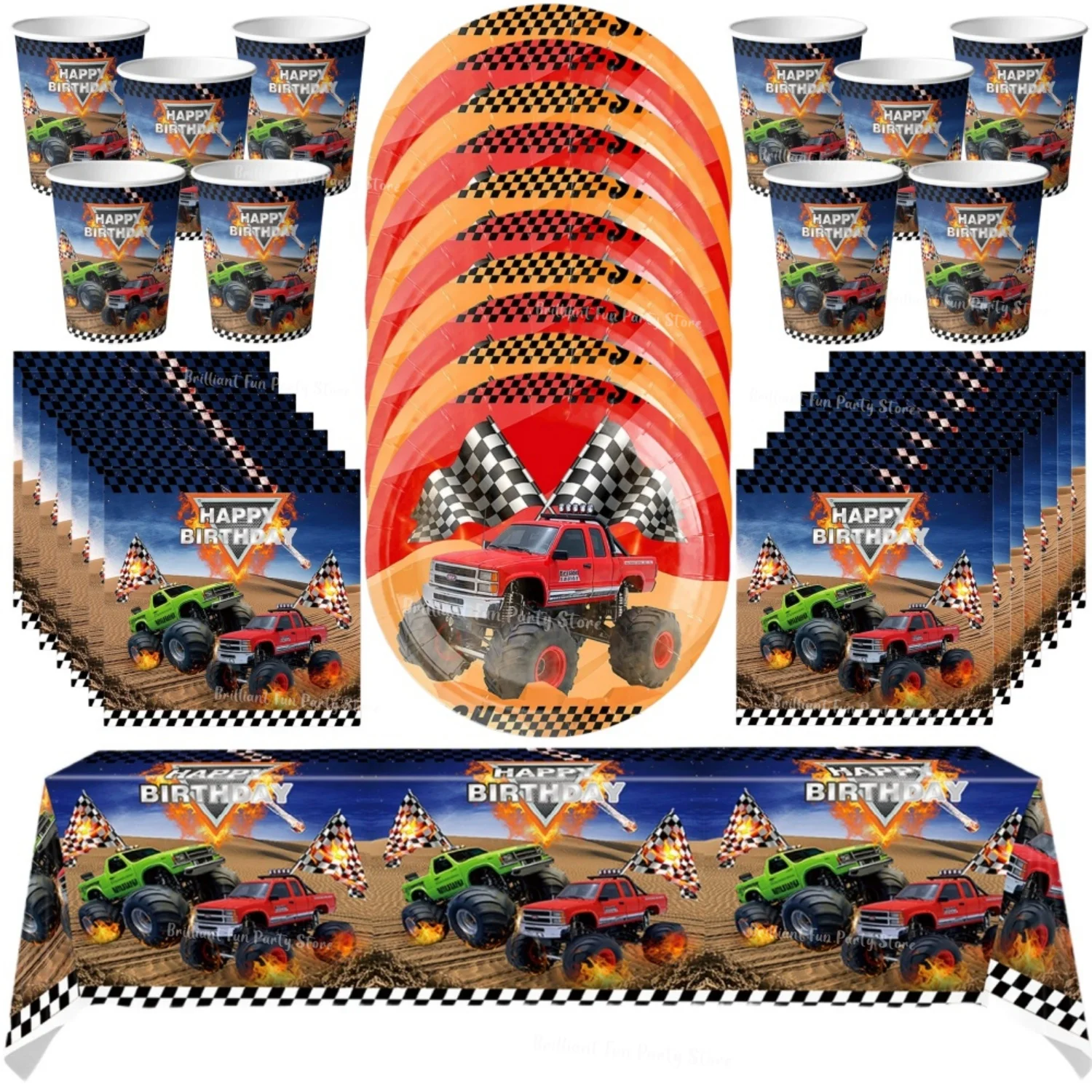 61-teiliges Monster-Truck-Party-Set Rennwagen-Thema Einwegteller Becher Servietten Tischdecke Kinder-Geburtstags-Dekorations-Kit