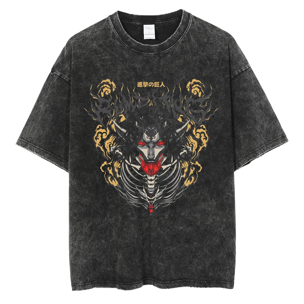 

Summer 2025 Short Sleeve Casual Cotton Tshirt Unisex Washed Fashion Vintage Black T-shirt Streetwear Anime Graphic Print Tee