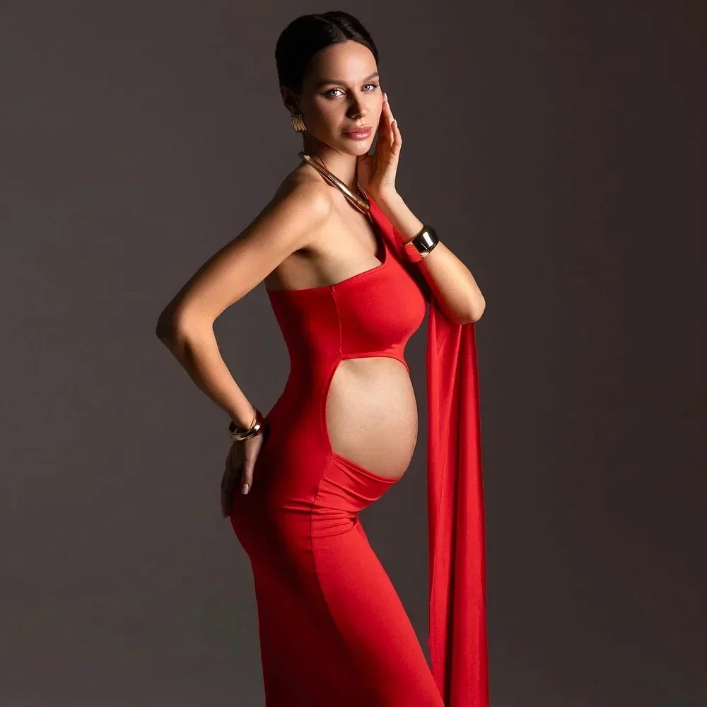 

Платье для беременных, фотосессия для детского душа, сексуальное красное платье на одно плечо с удлиненными рукавами, платье для фотосессии для женщин