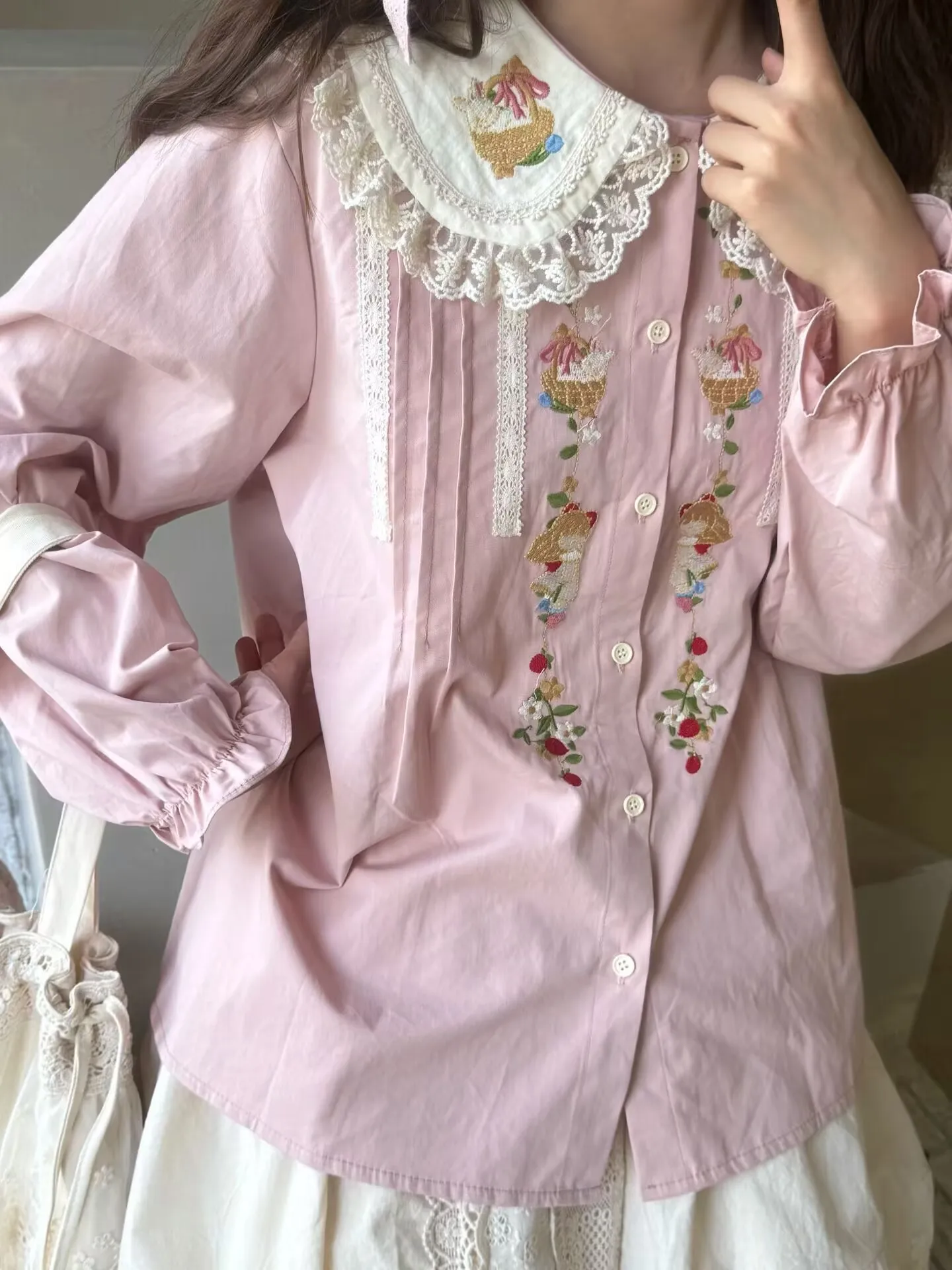 

Autumn Pink Cotton Sweet Kawaii Pleated Lace Shirt Women Korean Vintage Mori Girl Lolita Casual Goblincore Cottagecore Blouse