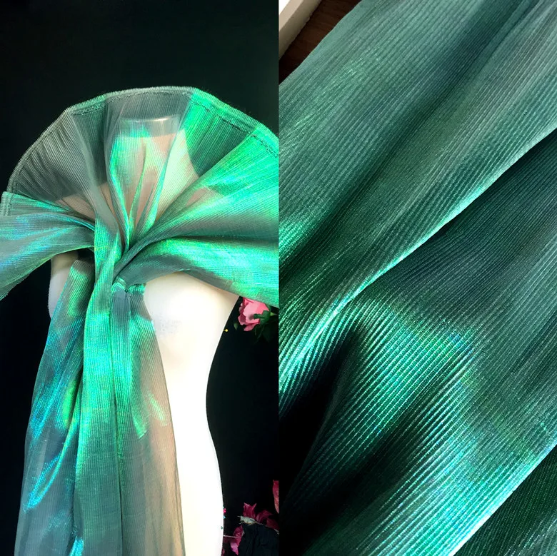 13 Colors Iridescent Holographic Ruffled Organza Fabric Translucent Sheer Mesh Material Evening Dress Tulle Fabric