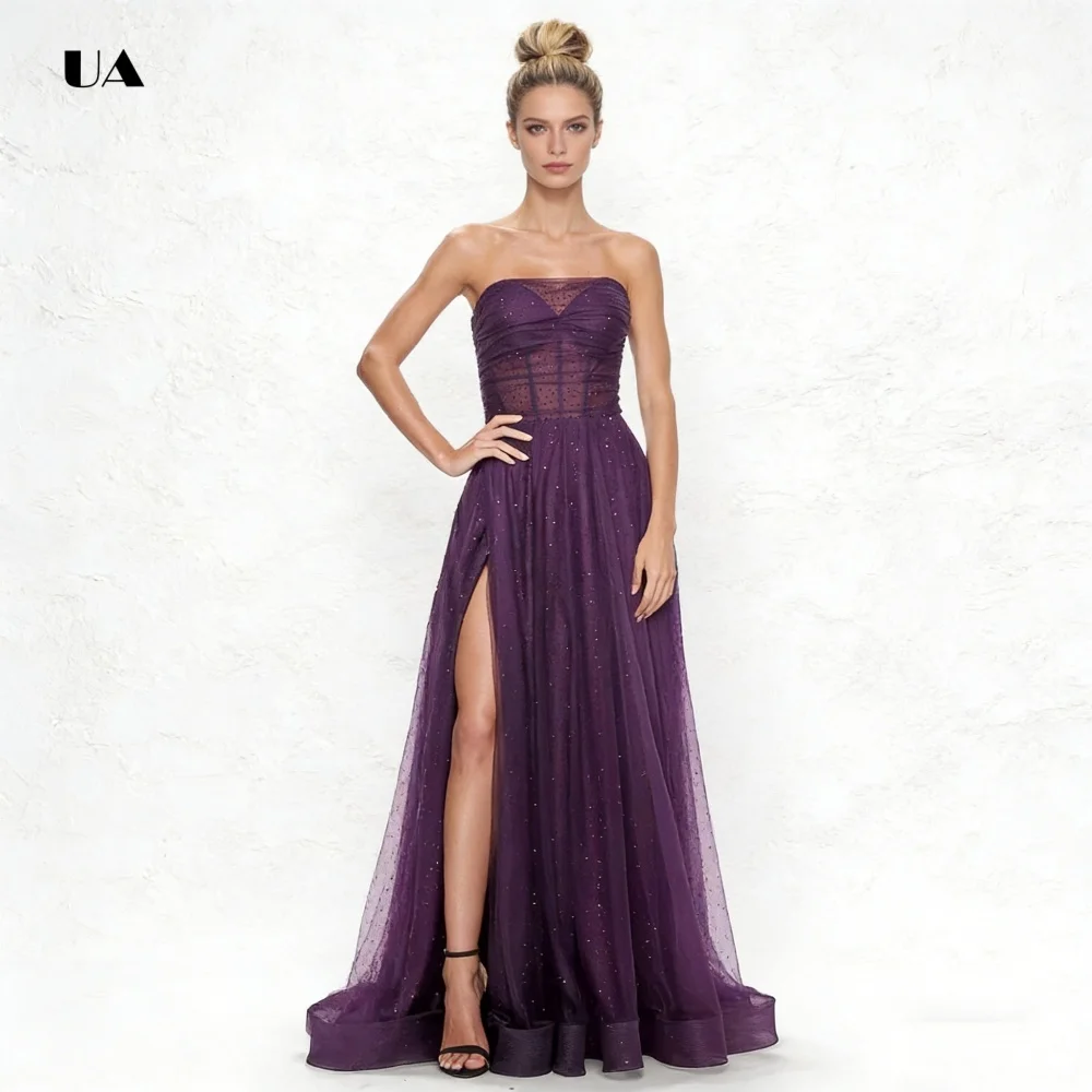 반짝이는 튤 A라인 프로미 드레스, 환상적인 스트랩리스 디자인, 솔리드 슬릿 이브닝 드레스, 여성용 섹시 맞춤 파티 가운