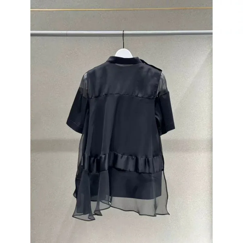 2026 Summer Japanese Style Women Lightweight Design Chiffon Shirts Color Block Loose Fit Short Sleeve Casual Blouses