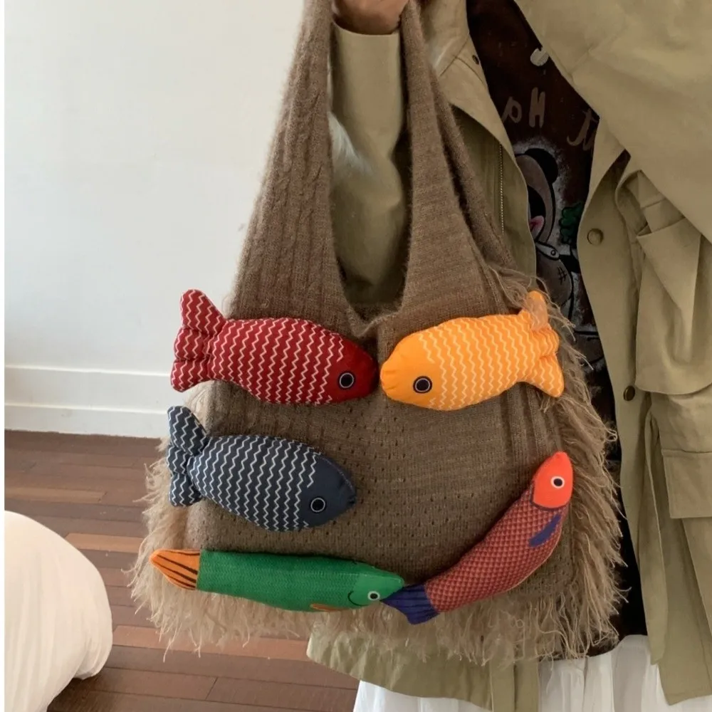 

Fashion Casual Fish Pattern Woven Bag Contrast Color Large Capacity Knitted Tote Bag Korea Style Boho Shoulder Bags Commuting