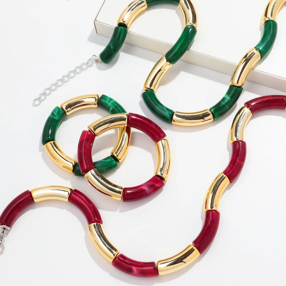 New Colorful Acrylic Chunky Bamboo Tube Necklaces Bracelet Women Fashion Resin Elbow Beaded Bangle Choker Stackable Jewelry Gift