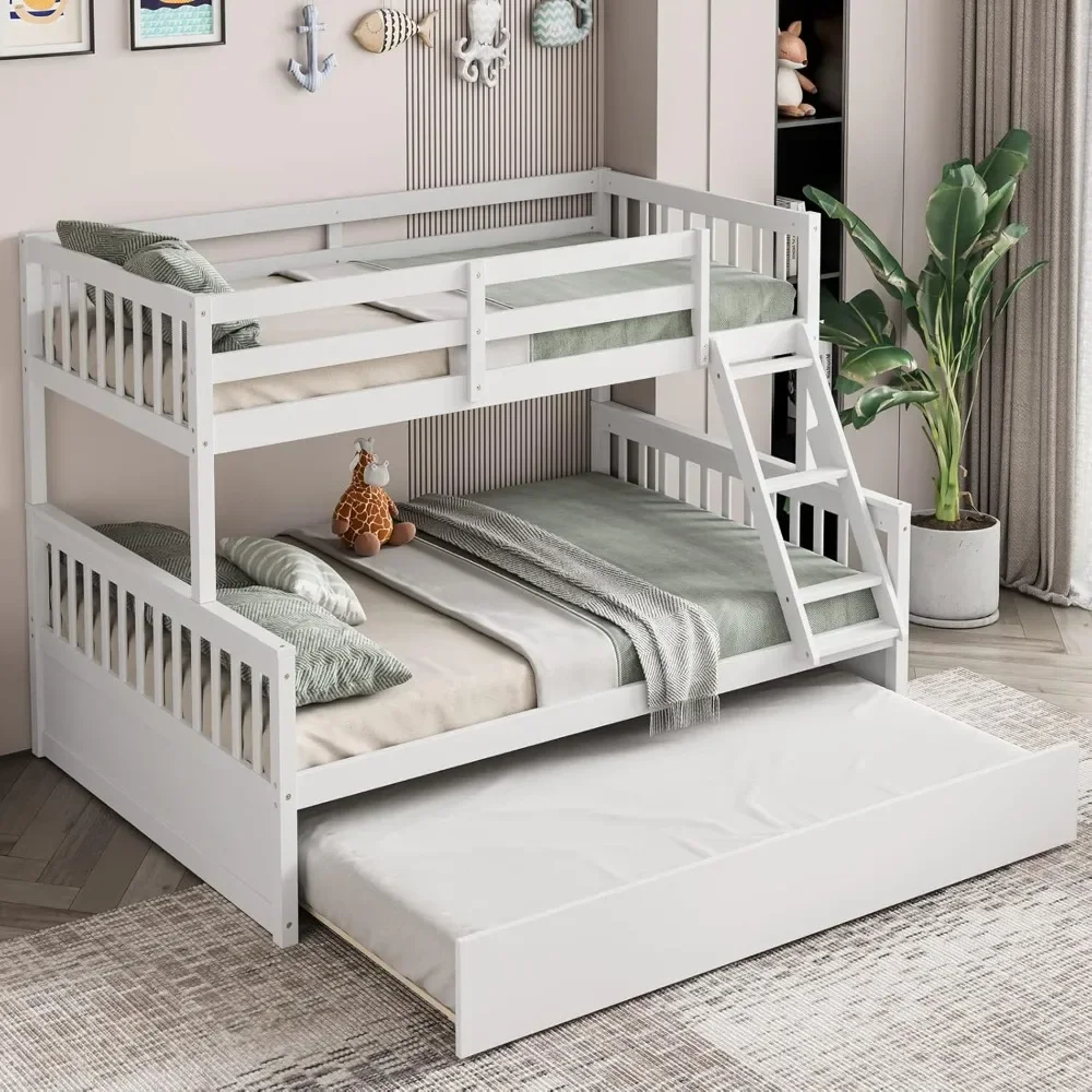 

Wood Bunk Bed ,with Trundle, Bunks Beds Frame with, Space-Saving Bunk Bed with Ladder & Safety Guardrails, Solid Pine Wood Frame