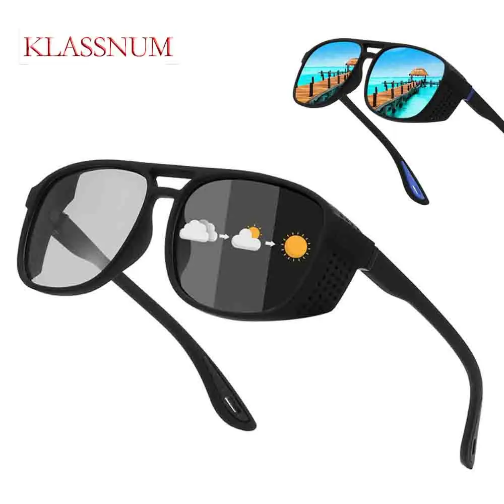

KLASSNUM Steampunk Polarized Sports Sunglasses Men Retro Side Shield Goggles Vintage Round Gothic Shades UV400 Driving Fishing