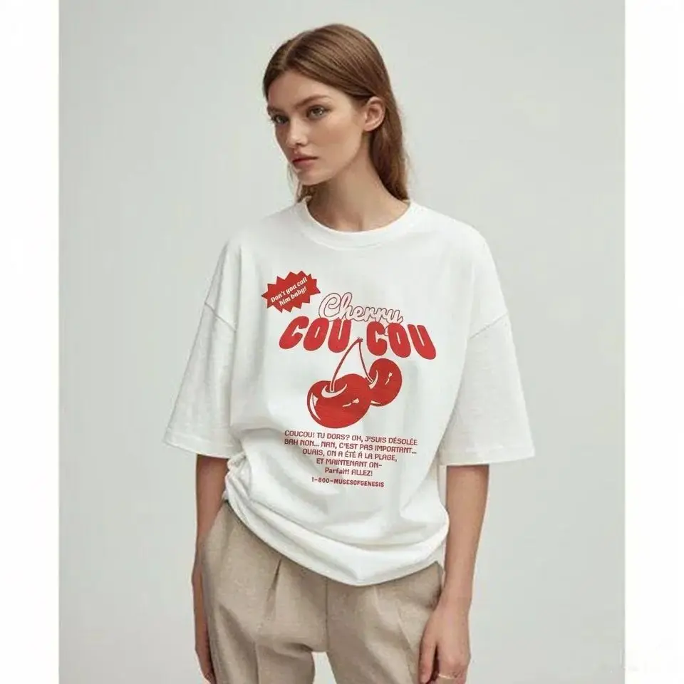 European and American Retro Delicious Cherry Delicious Graphic INS Style Loose Fit 100% Pure Cotton Bohemian Women's T-shirt