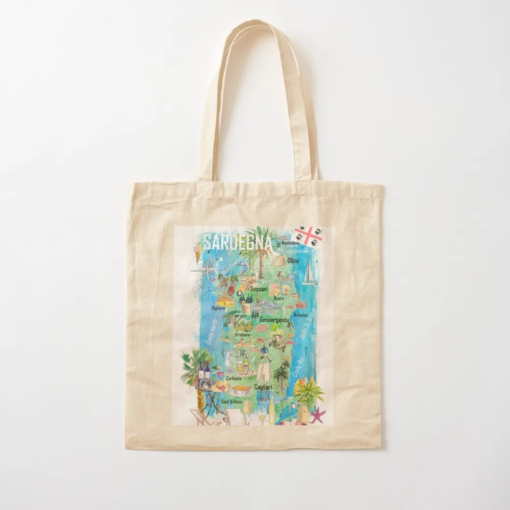 

Sardinia Illustrated Travel Map Mediterranean Adriatic Sicily Sardegna with Roads and Tourist Highlights Tote Bag