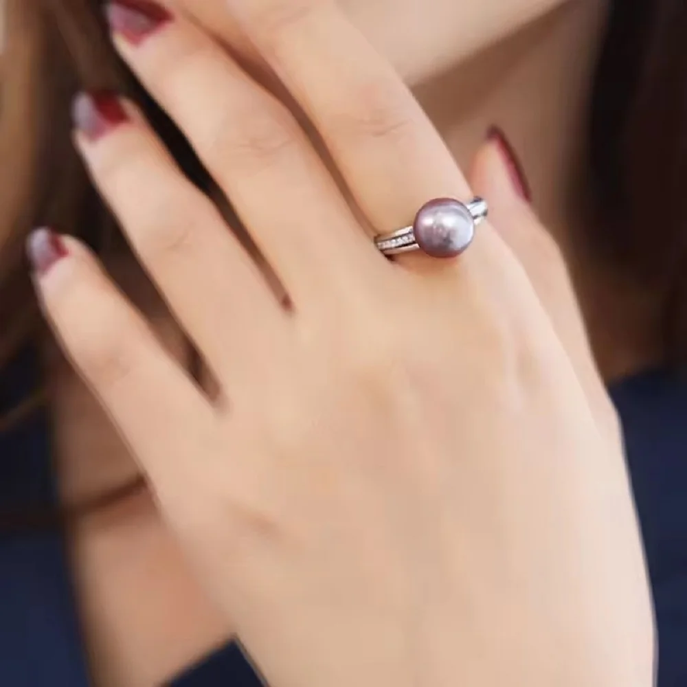 خاتم ساحر AAAA10-11mm خاتم من اللؤلؤ الأرجواني الطبيعي المستدير، خاتم فم قابل للتعديل من الفضة عيار 925 #4