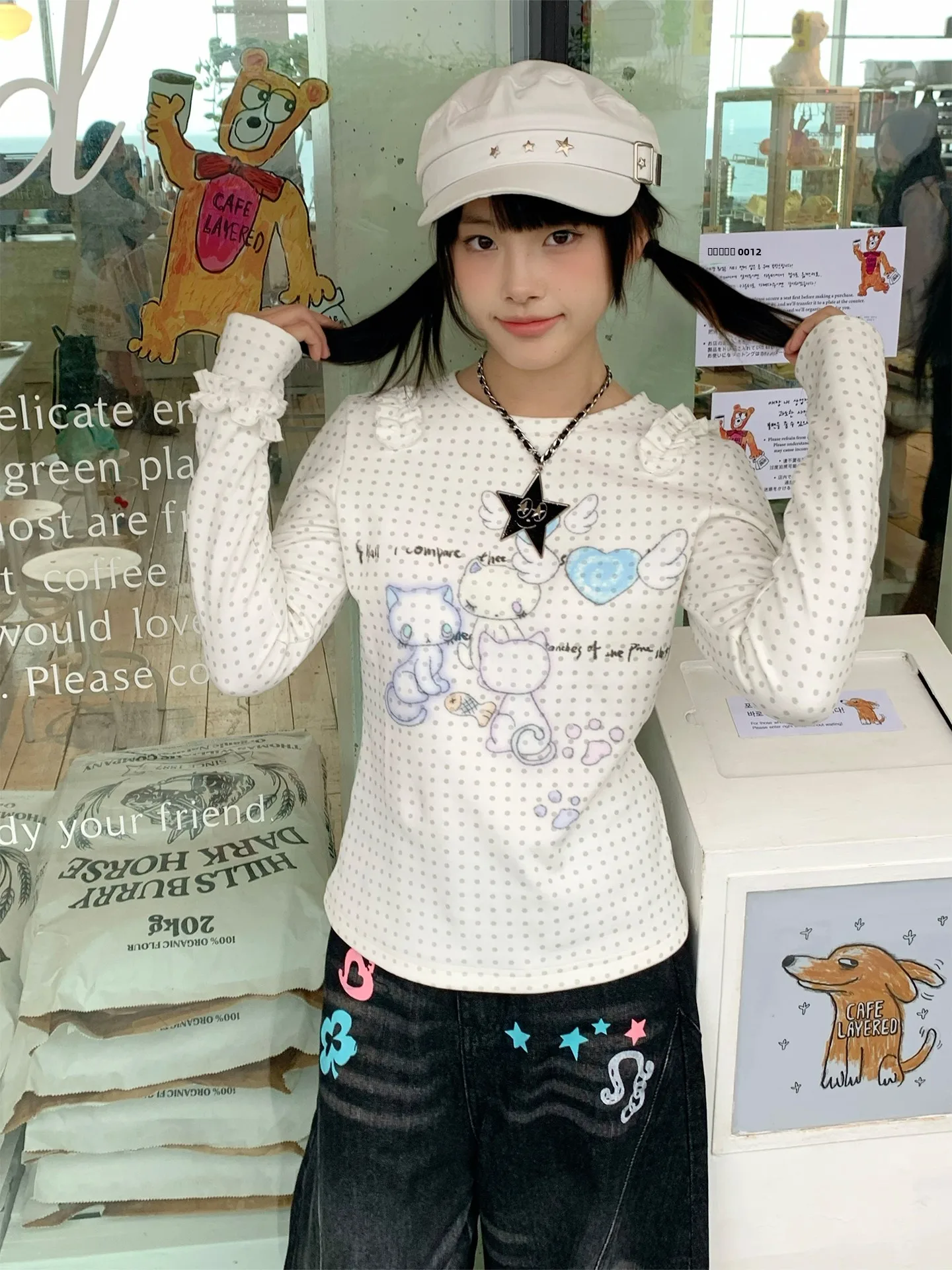 

Милая женская модная одежда для встреч: хлопковая футболка с длинным рукавом, в горошек, с рюшами и бантиками на плечах