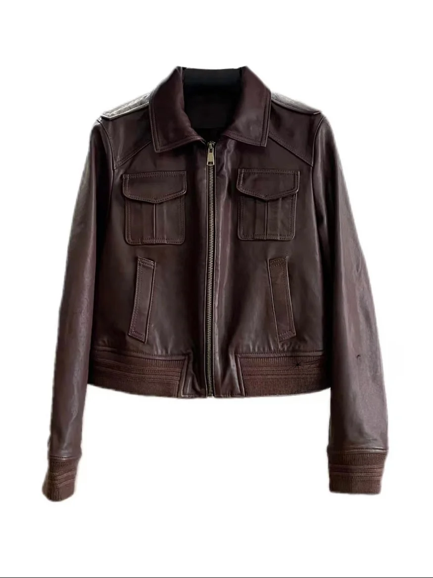 

Real eep Leather Biker Jaet ort Sle Retro Design Women's Coat Zipper Closure Commute Faion Loose Fit Long Sve