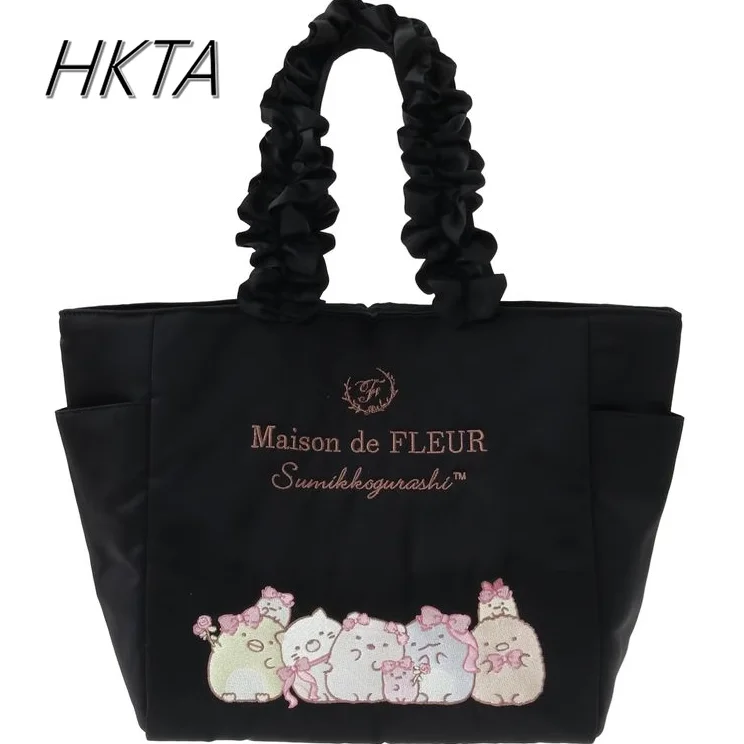 ผ้าใบญี่ปุ่นกระเป๋าผู้หญิงน่ารักการ์ตูนสัตว์ซาตินปักลูกไม้แบบพกพา Tote กระเป๋าฤดูใบไม้ผลิใหม่สีชมพูกระเป๋าเบาะผ้าฝ้าย