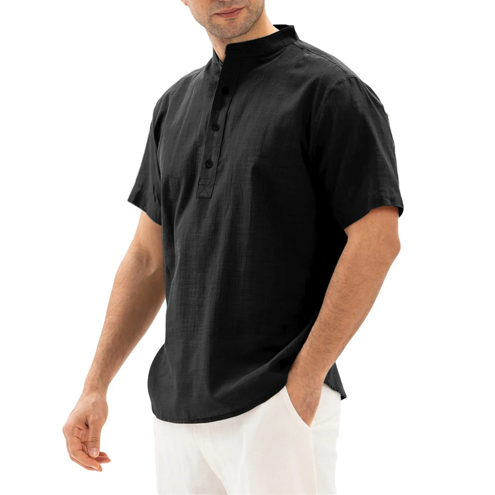 Camisas casuais de linho algodão masculinas, manga curta, gola alta, verão, camisas masculinas bonito, 2024