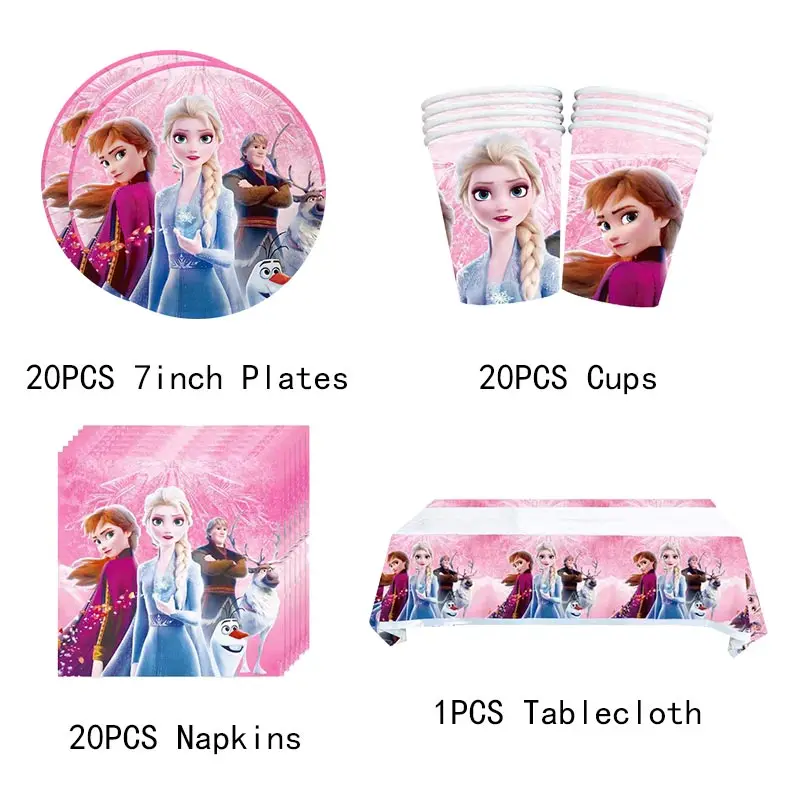 Pink Frozen Theme Birthday Decorations Girls Paper Cups Plates Anna Elsa Balloons Set Frozen Happy Birthday Party Supplies Kids