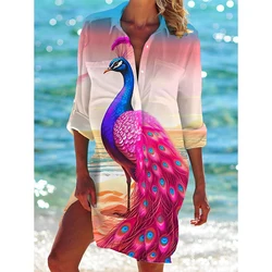 Peacock Flamingo Beach Blouses Animal 3D Print Women New Long Sleeve Mid-length Shirts Buttons Pocket Tops Blouse Woman Clothing