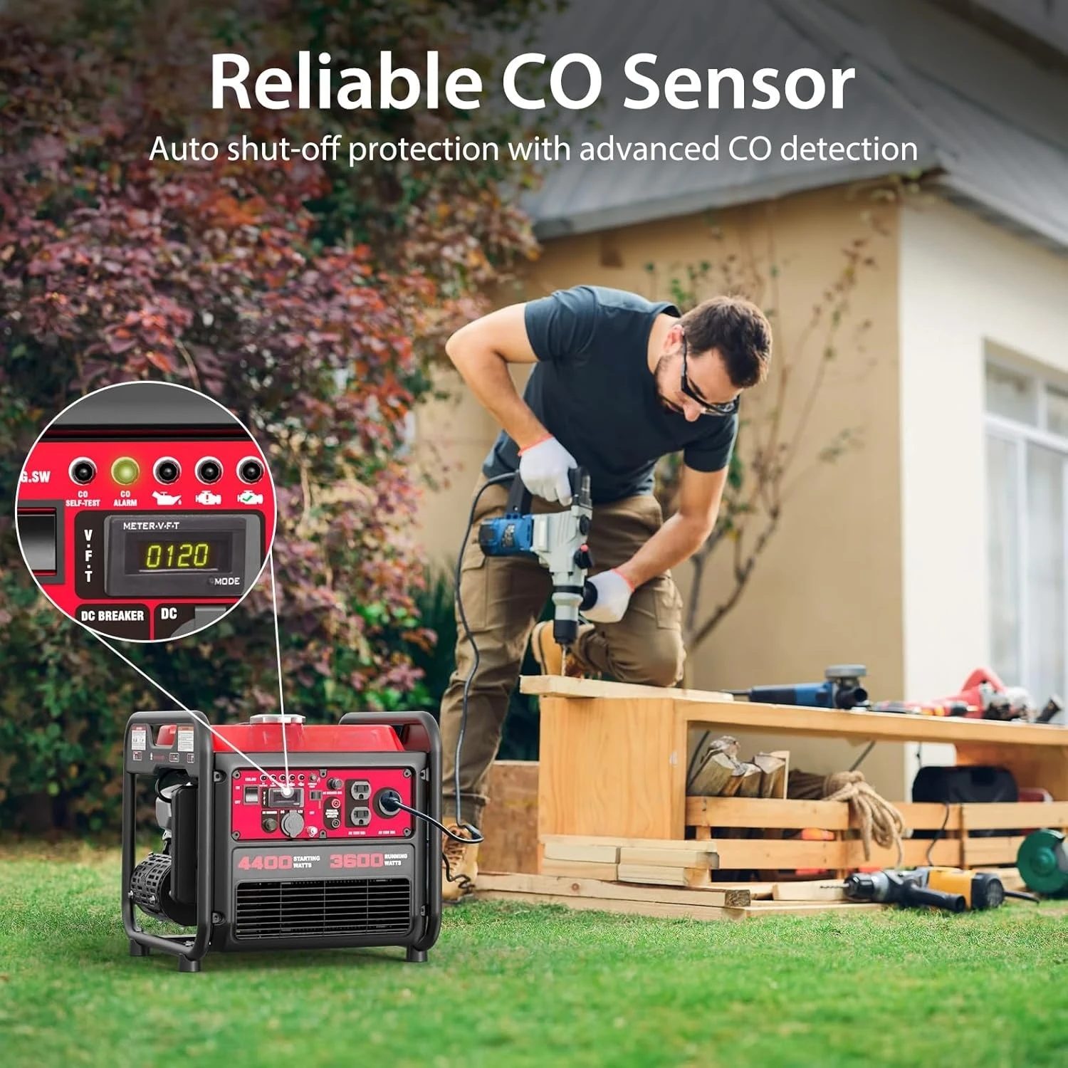 4400-Watt Portable Inverter Generator, Gas Powered, CO-Sensor, Lightweight & Quiet for Home Use and Emergency Backup