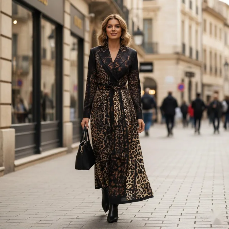 Leopard Print Trench Coat For Women With Lapel Neck Full Sleeves Adjustable Belt Fall Winter Street Style Casual Outwear Jacket