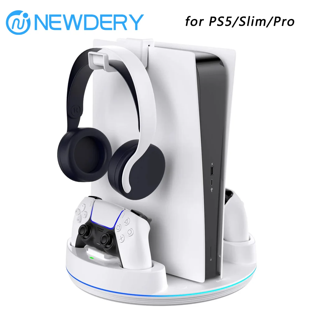 محطة شحن NEWDERY PS5 لجهاز PlayStation 5/PS5 Slim/ PS5 Pro Disc ووحدات تحكم الإصدار الرقمي مع ضوء RGB قابل للتعديل #1