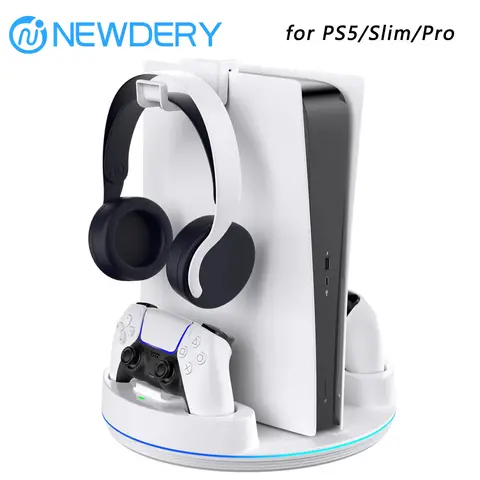 NEWDERY PS5 Charging Station for PlayStation 5/PS5 Slim/ PS5 Pro Disc & Digital Version Controllers With Adjustable RGB Light