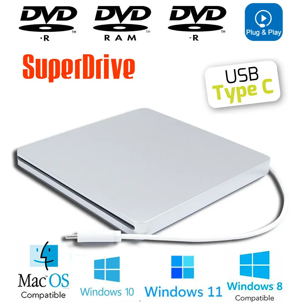 Ultra Slim 8X DL DVD CD Burner, Type-C USB3.0 External Optical Drive for Mac MacBook Laptop