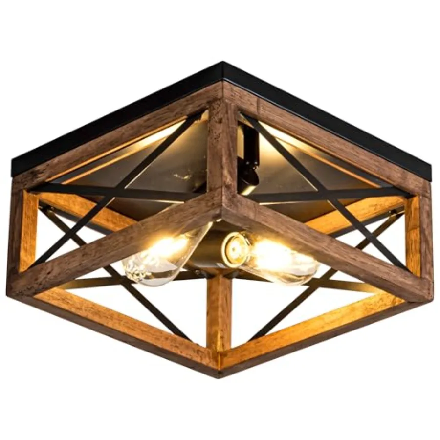 

Flush Mount Ceiling Light Fixture for Kitchen Hallway, 2-Light Close to Ceiling Light with Black Metal and Wood Design, Rustic