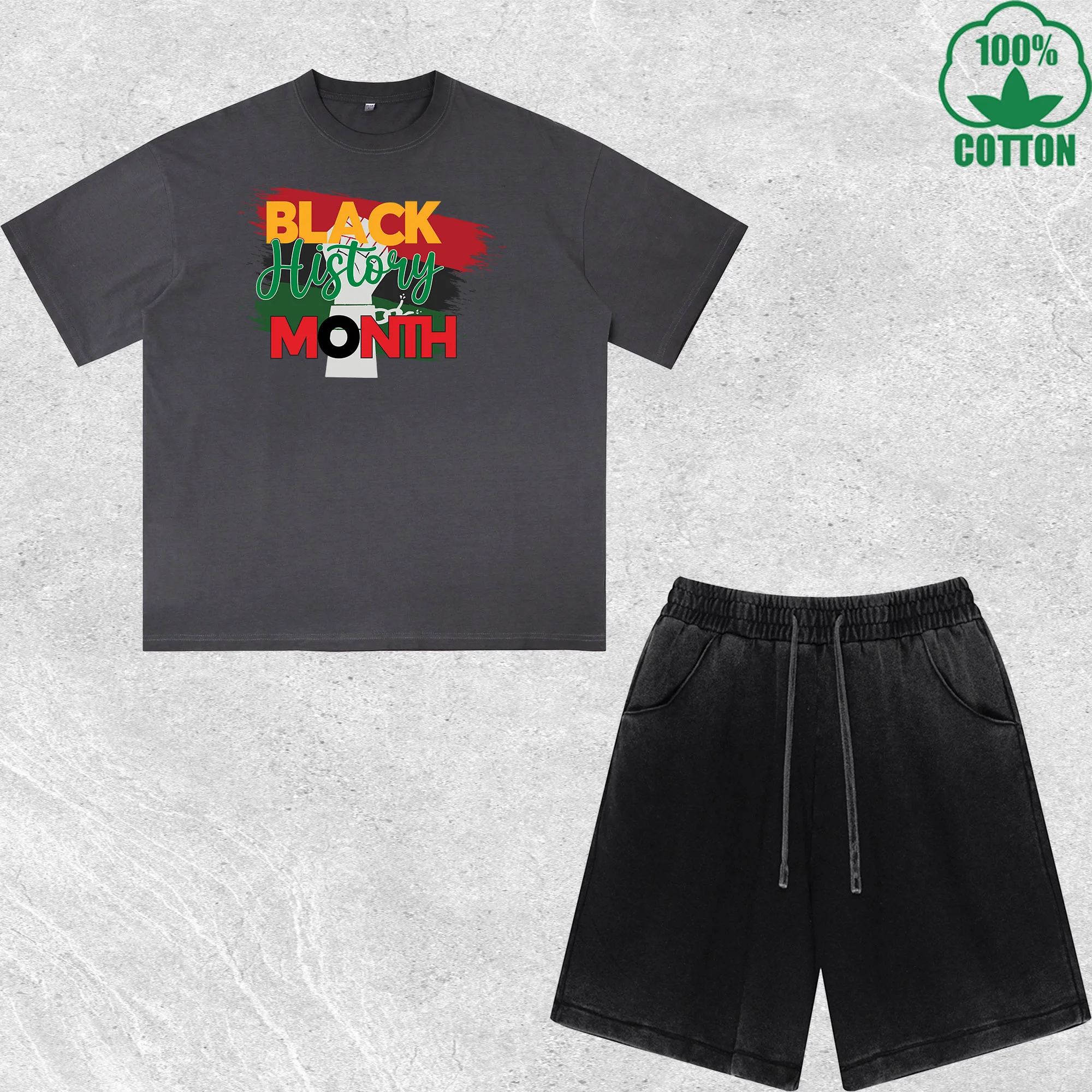 

Balck History Month Printed Dirty Wash T-Shirt Shorts Set Combo Loose Trendy Fashionable 100%Cotton Short Value Pack