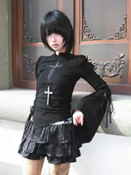Subculture Y2k Gothic Girls Long Flare Sleeve Tshirt Spring Cross Lace Patch Black All Match Slim Tee Tops Shirt