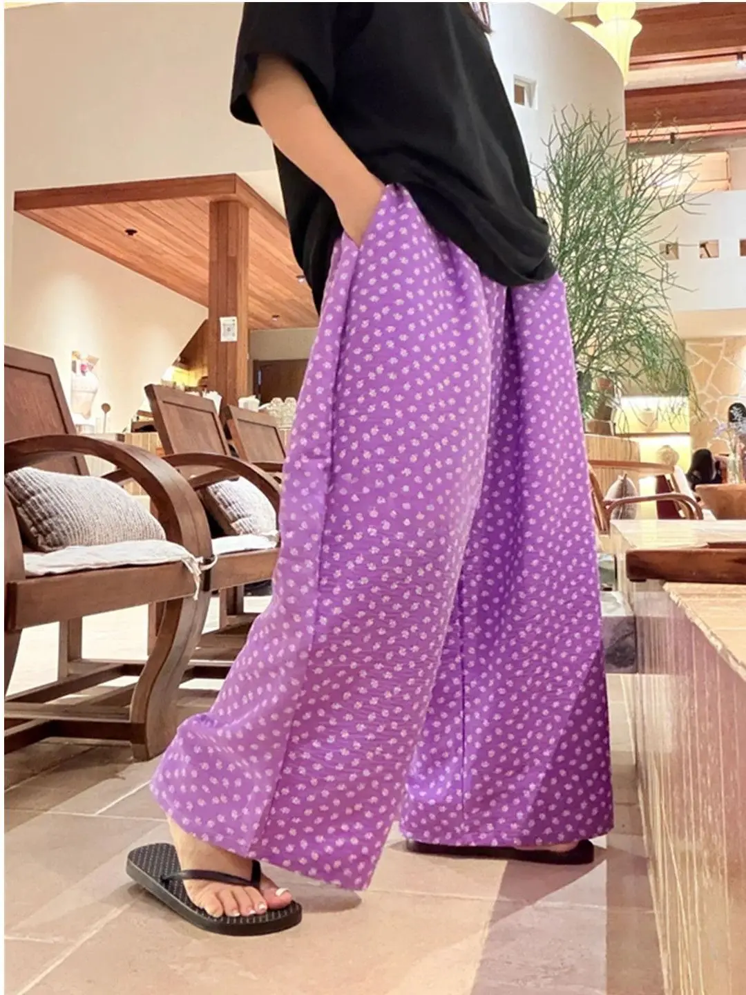 Loose Wide Leg Pants Women's Floral Print Sleepwear Comfortable Home Clothes Purple Color Spring Autumn New Style Casual Loose