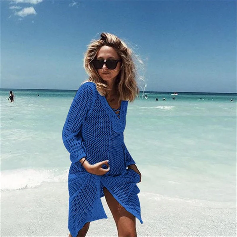 Long Sleeve Lace Up Knit Bikini Cover Up, Sexy Crochet Swimsuit Beach Dress Sarong, Women Swimwear, Summer Bathing Suit Tunic