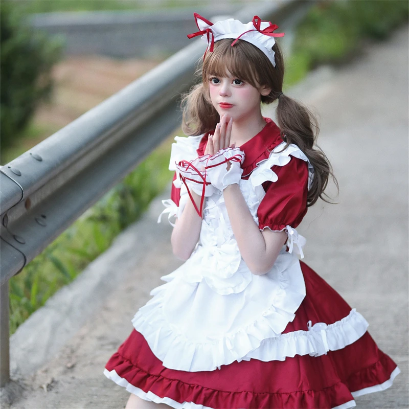 Japanese Lolita Clothing Anime Maid Cosplay Costume Wine Red Doll Neck Bubble Sleeve A-line Dress and White Apron Suit for Women