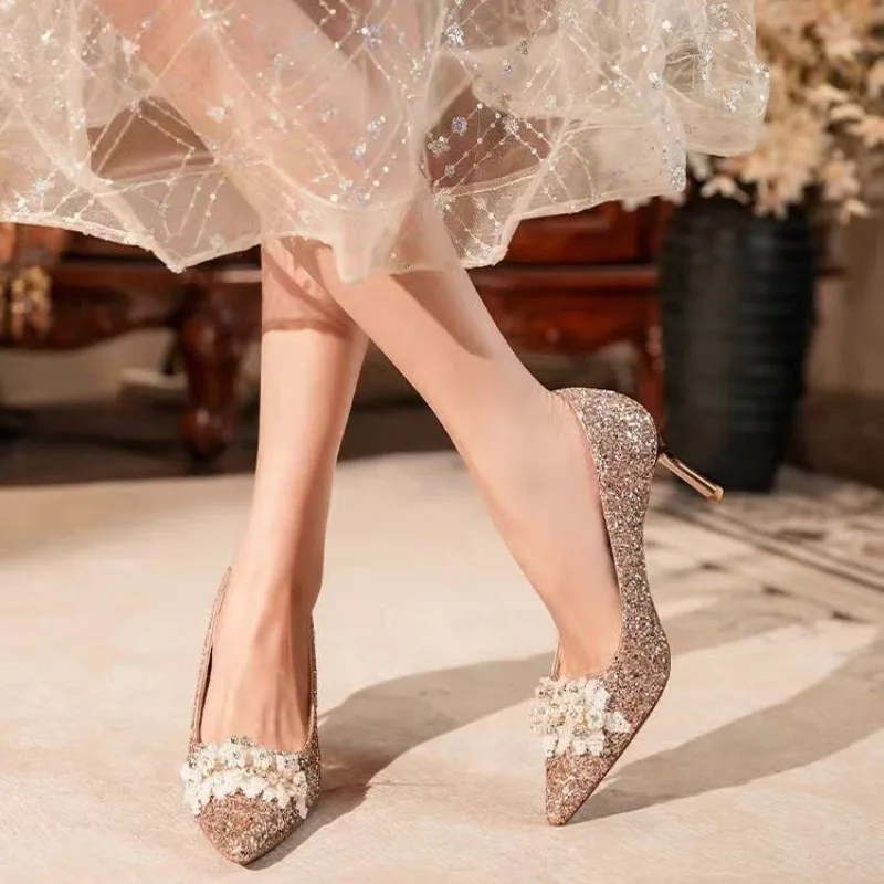 

2024High Heels, Banquet Girl Style, Fine Heels, Sexy Bride Bridesmaid, Gold Pointed Head Style Wedding Shoes