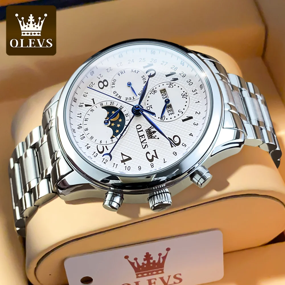 OLEVS 6667 Automatic Mechanical Watch for Men Multi Functional Date Waterproof Leather Strap Luxury Hand Clock
