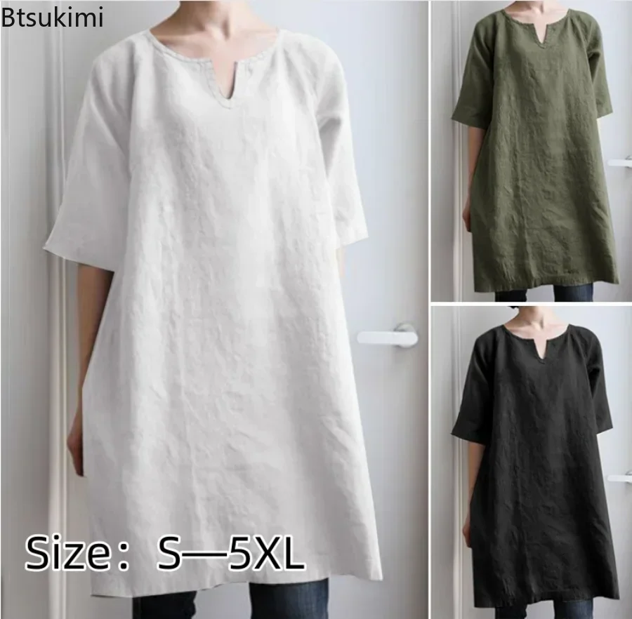 New 2026 Women's Casual Cotton Linen Dress Solid Oversized V-neck Half Sleeve Maxi Dress Women Vestidos Elegant Loose Dress