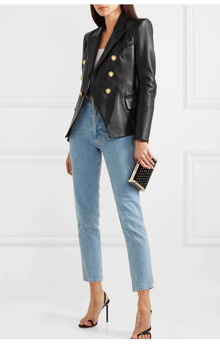Lautaro Spring Autumn Short Elegant Luxury Pu Leather Blazer Women Long Sleeve Golden Buttons Double Breasted European Fashion