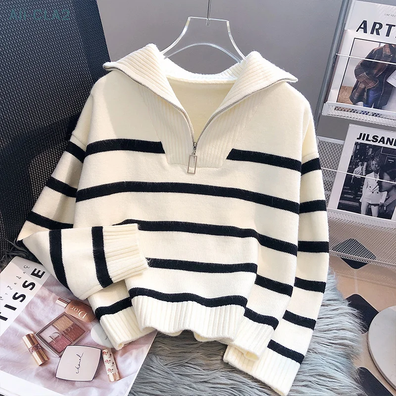 Sweater rajut wanita, baju hangat kasual longgar lengan panjang Lapel ritsleting bergaris mode musim gugur musim dingin