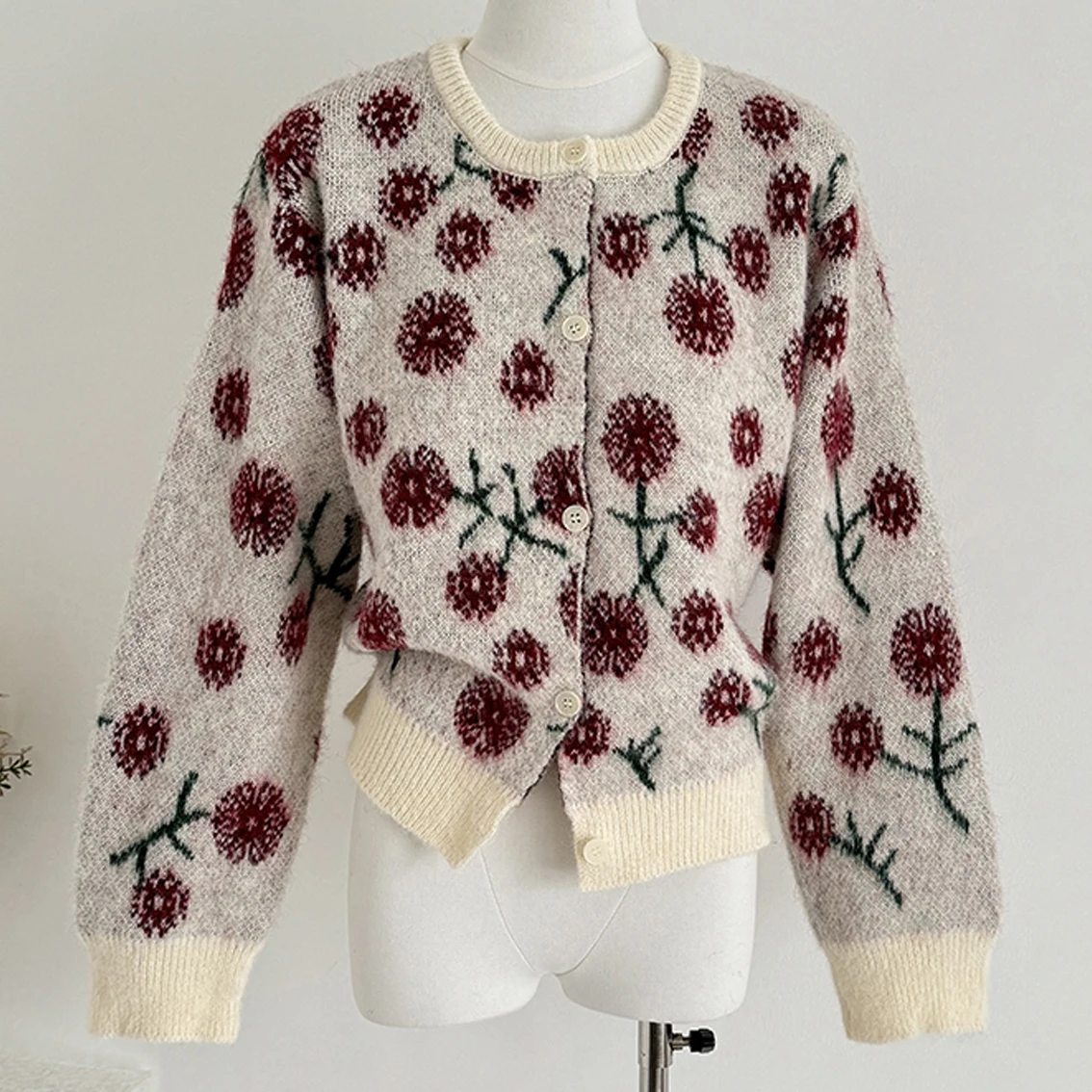 스웨터 코트 한국 디자인 Y2K 여성용 스웨터 가을 겨울 민들레 프린트 루즈 오픈 스티치 라운드 넥 니트 점퍼