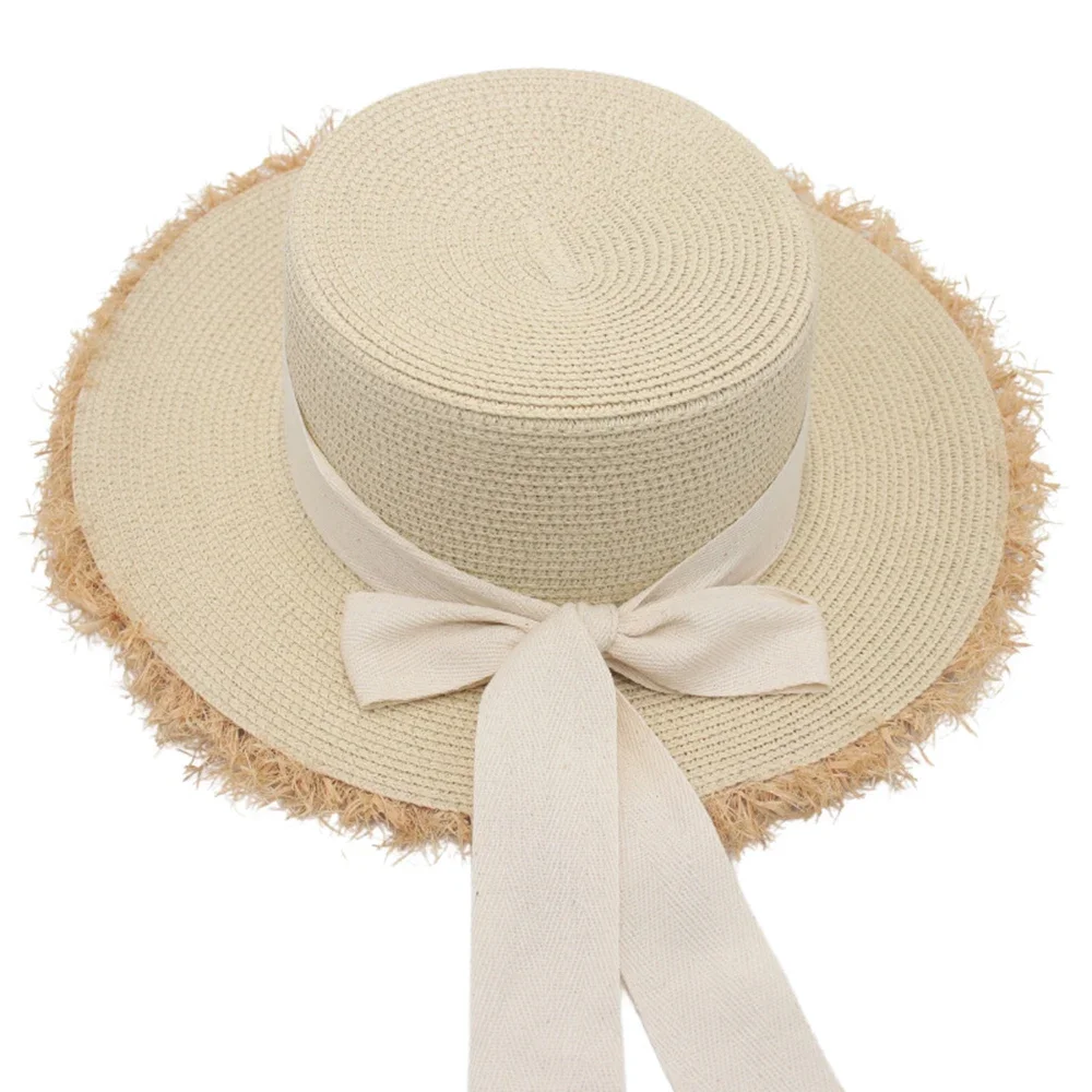 Summer Versatile Fashionable Straw Hat For Women Beach Vacation Woven Grass Bow Ribbon Small Fresh Sun Protection Sunshade Hat