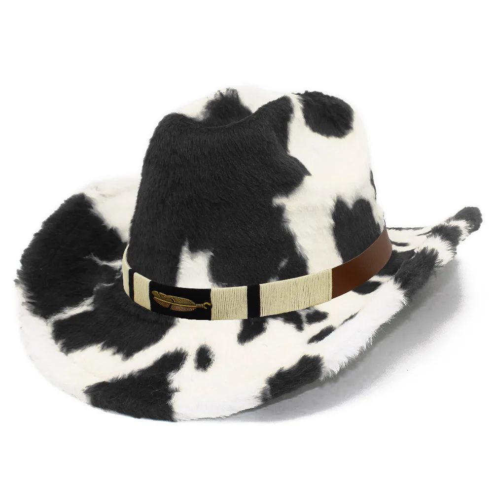 Cow Spot Furry Cowgirl Hat for Women Men Trendy Western Hat with Leaf Belt Plush Warm Jazz Cap for Daily Party Club