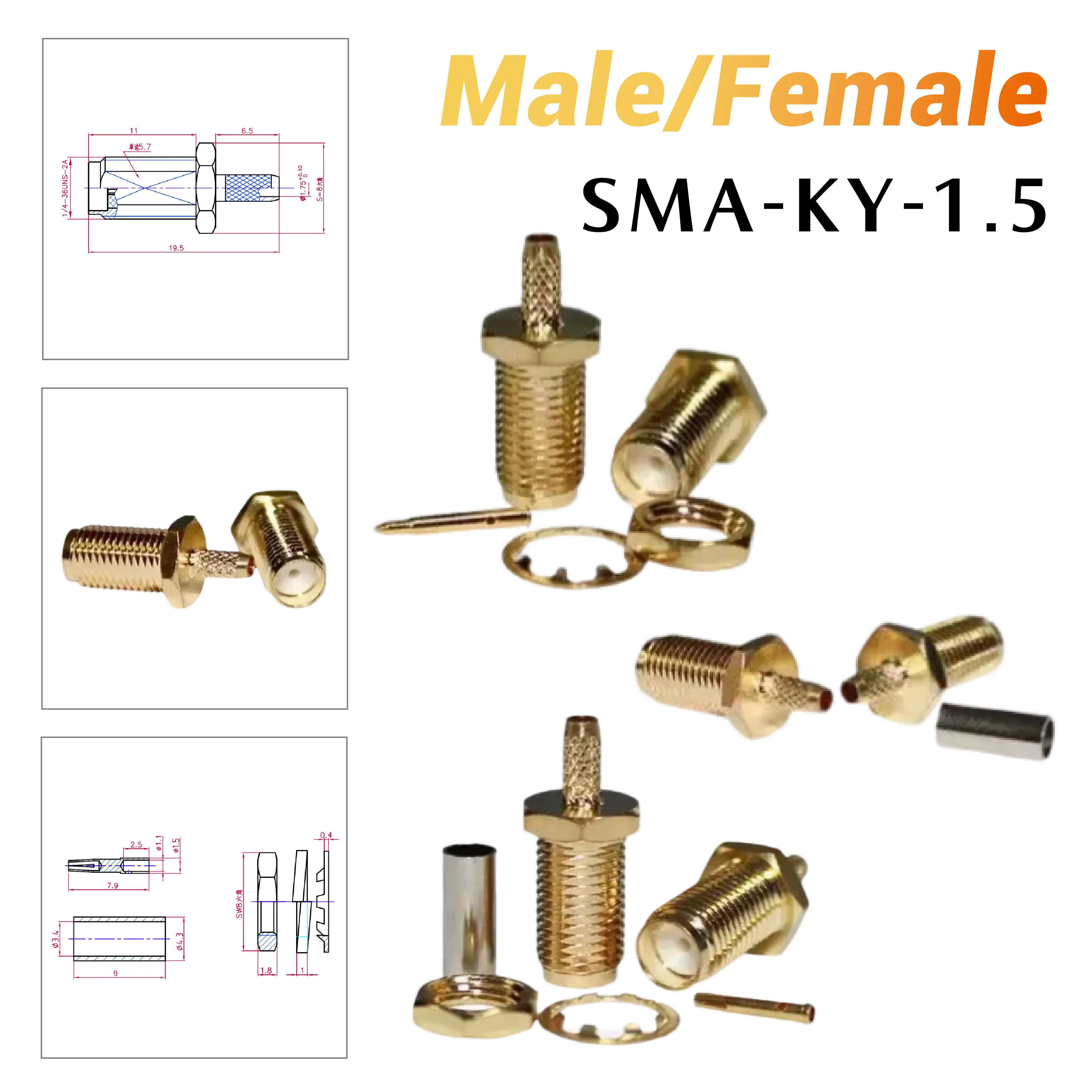 

Male Plug Female Jack SMA-KY-1.5 Crimp RF Coaxial Connector for RG174 RG178 RG316 Cable Wire Terminals