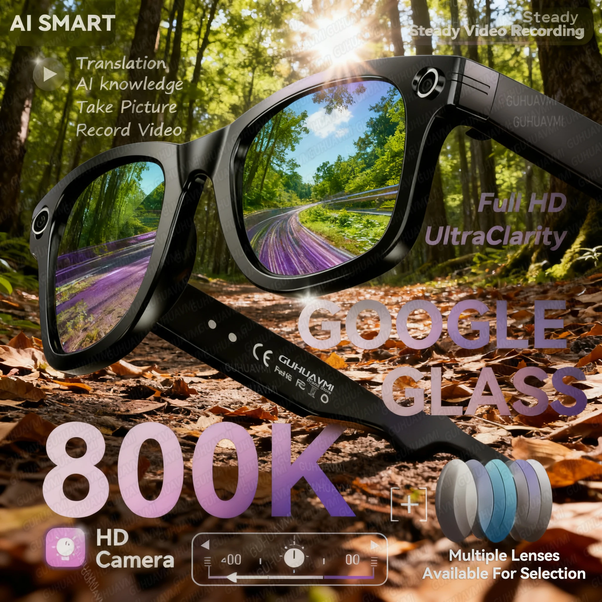 신제품 800W 카메라 스마트 안경 비디오 녹화 AI 사진 인식 응답 번역 270mAh 배터리 블루투스 통화 선글라스