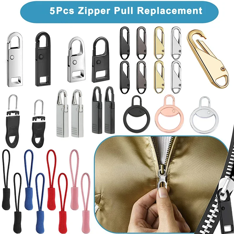 5Pcs Zipper Slider Puller Replacement Zipper Pull End Fit Rope Tag Repair Kit Clothing Zip Fixer Broken Buckle for Bag Clothing