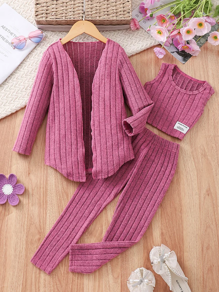 Autumn And Winter Girls' Trendy Daily Casual Sweet And Cute Knitted Long Sleeve Coat Long Pants Warm Solid Color Three Piece Set