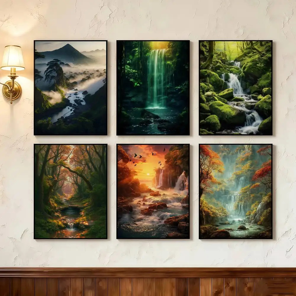 Natural Landscape Spectacular Waterfall Forest Poster Stickers Art Print Retro Vintage Wall Decor HD Living Room Gift Occasion