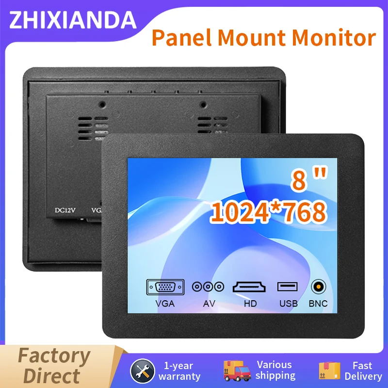 8 Inch 1024*768 Capcaitive Touch Screen Embedded Panel Mount Monitor Square Industrial Resistive Touch Display With HDMI VGA BNC